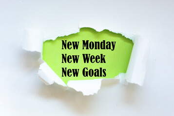Wall Mural - Writing note showing New Monday New Week New Goals. Business photo showcasing next week resolutions To do list Goals Targets written under Tear Folded paper plain White background.