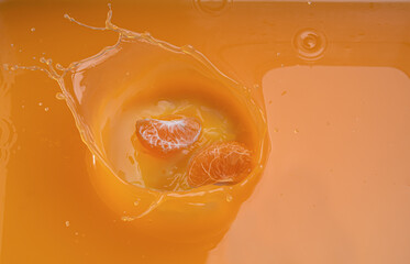 Wall Mural - falling of orange piece into juice,splash orange juice
