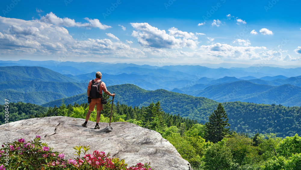 Man standing on top of the mountain relaxing and  enjoying beautiful summer mountain landscape. Near Asheville, Blue Ridge Mountains, North carolina, USA. - obrazy, fototapety, plakaty 