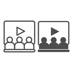 Poster - Video presentation and users line and solid icon, online education concept, Business training sign on white background, slideshow and students icon in outline style for mobile, web. Vector graphics.