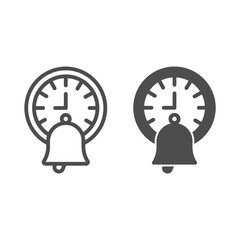 Poster - School bell and the clock line and solid icon, online education concept, school break sign on white background, Ringing handbell and watch icon in outline style for mobile and web. Vector graphics.
