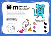 Alphabet Letter M-mouse Exercise With Cartoon Vocabulary Illustration, Vector