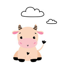 Sticker - Cute Little Cow, Adorable Funny Farm Animal Cartoon Character Vector Illustration