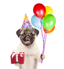 Poster - Pug puppy wearing a birthday hat holds balloons and gift box. isolated on white background