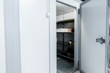 Refrigerator Room Door In Professional Kitchen In Restaurant
