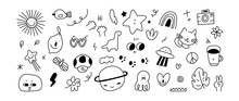 Cute Doodle Vector Set. Kids Icon Design With Monster, Dog, Ufo, Star, Food And Plant. Vector Illustration.