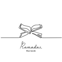 Continuous Line Drawing Of Open Book Quran On A Wooden Book Stand. Islamic Holy Day Ramadan Kareem And Eid Mubarak Concept Isolated On White Background. Hand Drawn Minimalism Style.