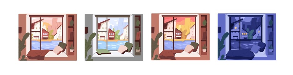 Set of window views with morning, afternoon, evening and night sceneries. City in different time of day from inside. Colored flat vector graphic illustration isolated on white background