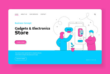 Poster - Couple buying smart watch on sale. Banner template. Flat line vector illustration