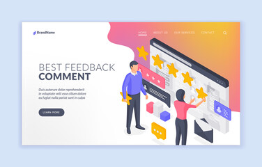 Poster - People leaving best feedback comment. Isometric vector banner