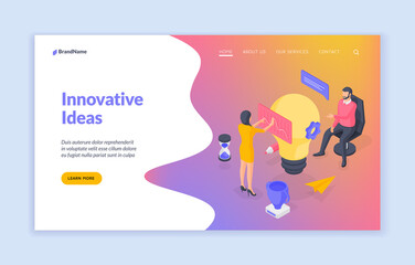 Poster - People working on innovative ideas. Isometric vector illustration