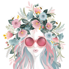 Vector illustration of a girl wearing sunglasses and decorating the hair with flowers. Design for invitation card, picture frame, poster, scrapbook