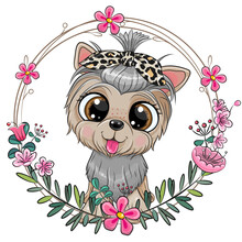 Dog Yorkshire Terrier With A Bow On With A Flower Wreath