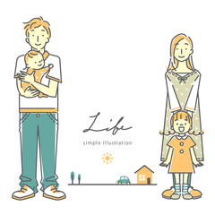 simple pastel color illustration of happy family, line art