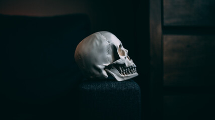 Sticker - Selective focus shot of a decorative gray skull on a sofa