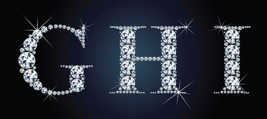 Diamond alphabet letters. Stunning beautiful GHI jewelry set in gems and silver. Vector eps10 illustration.