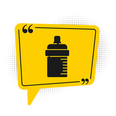 Sticker - Black Baby bottle icon isolated on white background. Feeding bottle icon. Milk bottle sign. Yellow speech bubble symbol. Vector.