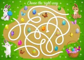 Aufkleber - Kids maze game help Easter bunnies choose right way to get eggs basket. Vector labyrinth puzzle, find correct direction board game. Task with tangled path and rabbits. Education children riddle sheet