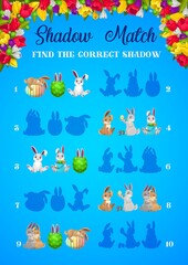 Poster - Shadow matching Easter game of vector kids education activities. Logic puzzle, riddle or quiz with task of find and match correct silhouettes of cartoon Easter eggs, bunnies and spring flowers