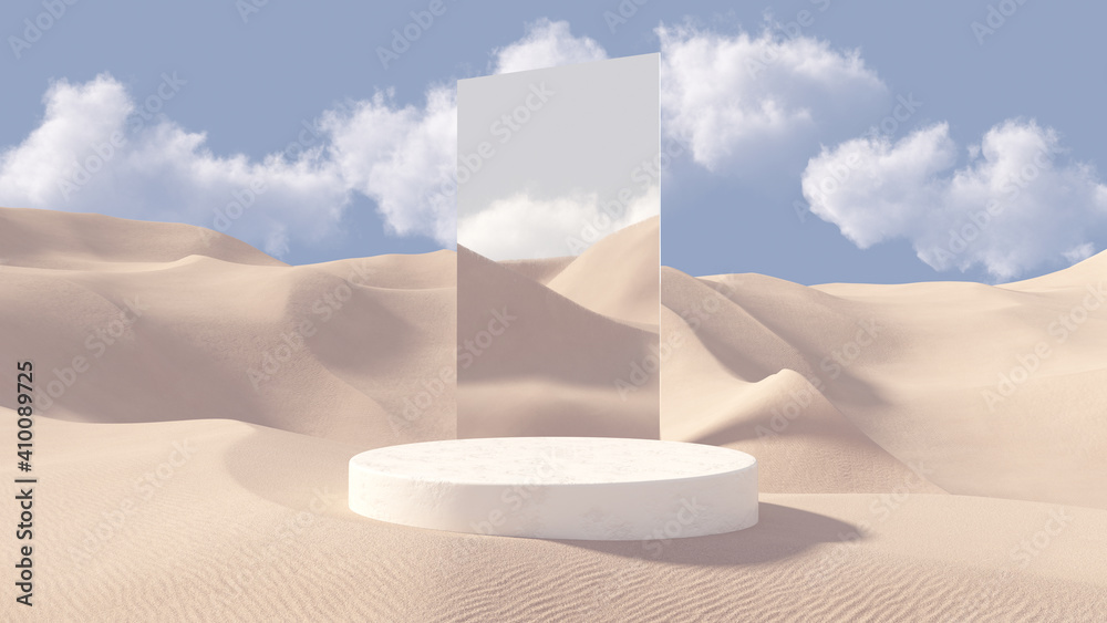3D stone pedestal premium podium with mirror behind. Sand dunes background. Minimal abstract cosmetic background for product presentation. Blank showcase mockup with empty round stage. 3D rendering. - obrazy, fototapety, plakaty 
