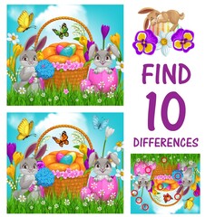 Aufkleber - Kids game of find ten differences vector template with Easter eggs and bunnies. Logic game, puzzle or riddle of children education worksheet with Easter holiday egg hunt basket, rabbits and flowers