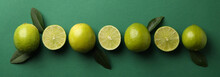 Ripe Lime On Green Background, Top View