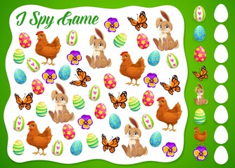 Aufkleber - I spy Easter kids game or puzzle vector template. Children education worksheet of I spy game with find and count cartoon Easter eggs, bunnies, chicks and butterflies, spring flowers and chickens