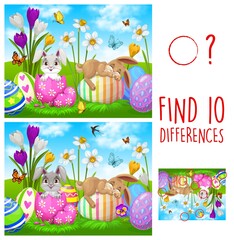 Poster - Kids game find ten differences with Easter rabbits and eggs. Vector puzzle with cute cartoon bunnies on green spring meadow with flowers and butterflies. Educational children riddle, leisure activity