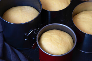 Easter cake dough in a metal pan. Preparation before baking Easter cake