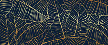 Gold Pattern Background Vector. Tropical Leaves Line Arts Design Wallpaper For Canvas Prints, Fabric, Wall Arts For Home Decoration, Website Background. 