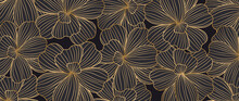 Luxury Elegant Gold Orchids Floral Line Arts Pattern And Black Background. Topical Flower Wallpaper Design, Fabric, Surface Design. Vector Illustration.