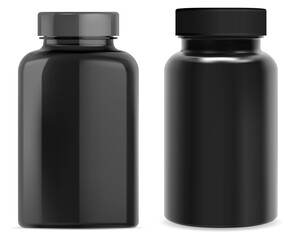 Wall Mural - Supplement pill bottle. Black plastic vitamin jar isolated on white background. TAblet capsule container template blank. Pharmaceutical package blank. Sport supplement bottle. Drug remedy