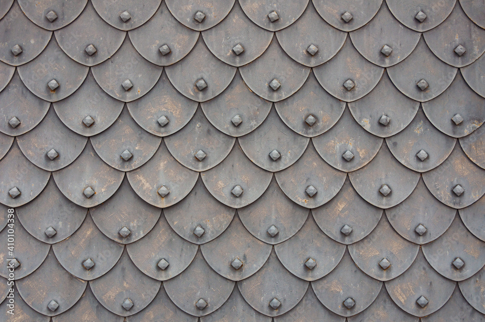 Medieval rusty metal grey scales armor background. Template for border ...