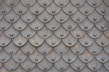 Medieval Rusty Metal Grey Scales Armor Background. Template For Border, Frame Design.