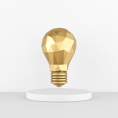 Poster - The icon is a low-poly gold light bulb on a white pedestal. 3D rendering.