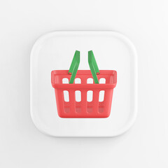 Poster - 3d rendering square white button icon, red supermarket shopping basket, isolated on white background.