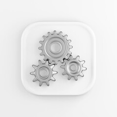Poster - 3D rendering square white button icon, chrome gears isolated on white background.