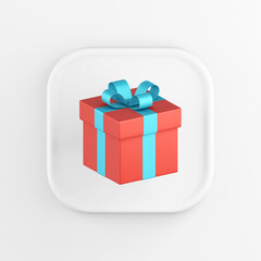 Poster - 3D rendering square white button icon, red gift with blue bow isolated on white background.