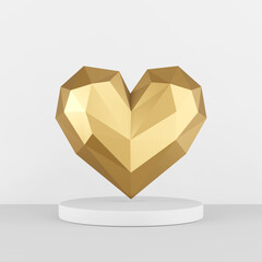 Poster - Gold low poly heart icon on a white pedestal. 3D rendering,