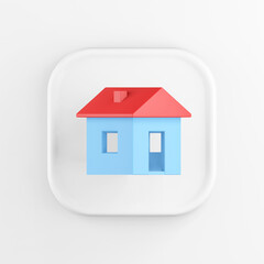 Poster - 3D rendering square white button icon, blue house with red roof isolated on white background.