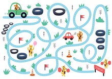 Help The Cute Dog Drive To Finish. Maze Puzzle For Kids. Car Race Activity Page With Funny Animals. Mini Game For School And Preschool Children. Vector Illustration
