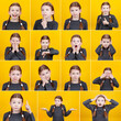 Set of portraits of little cute girl with different emotions, gestures and facial expression on yellow background. Caucasian red-haired child in grey clothes looking at camera.. Collage in trendy