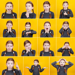set of portraits of little cute girl with different emotions, gestures and facial expression on yell