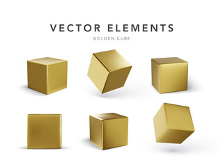 3D vector cube. Shiny object with reflections made of gold. Vector illustration