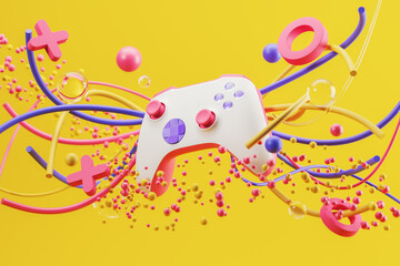Fototapete - White standard game controller, joystick, gamepad on a yellow background with abstract geometric shapes. 3d rendering