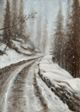 Oil Painting Of A Snow Road With Trees On The Side And Falling Snow.