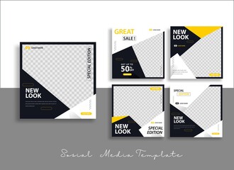 Wall Mural - set of editable minimal square banner template. blue white background color with geometric shapes fo