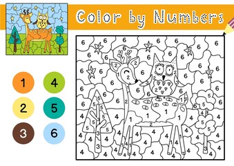 Canvas Print - Color by numbers game for kids. Coloring page with a cute deer and owl. Printable worksheet with solution for school and preschool. Learning numbers activity. Vector illustration