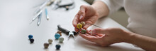 Craft Jewelery Making With Professional Tools. A Handmade Jeweler Process, Manufacture Of Jewellery.
