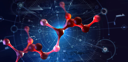 Poster - Genome structure. Medical research and Internet technologies. Nanotechnology in action. Molecule 3D illustration. Lab of the future and collecting global data